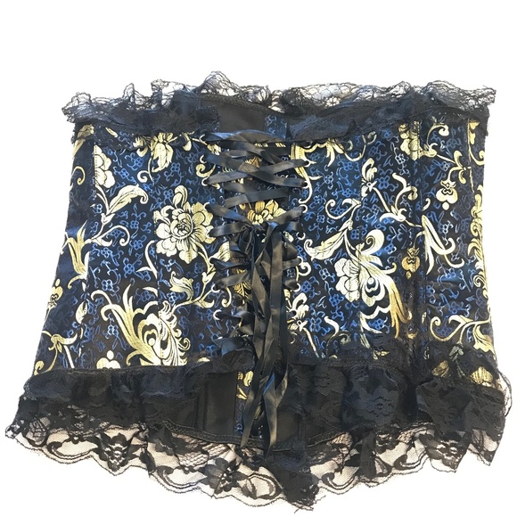 Sexy Gold&Navy Blue Corset w/ Matching Thong - Picture 3 of 6